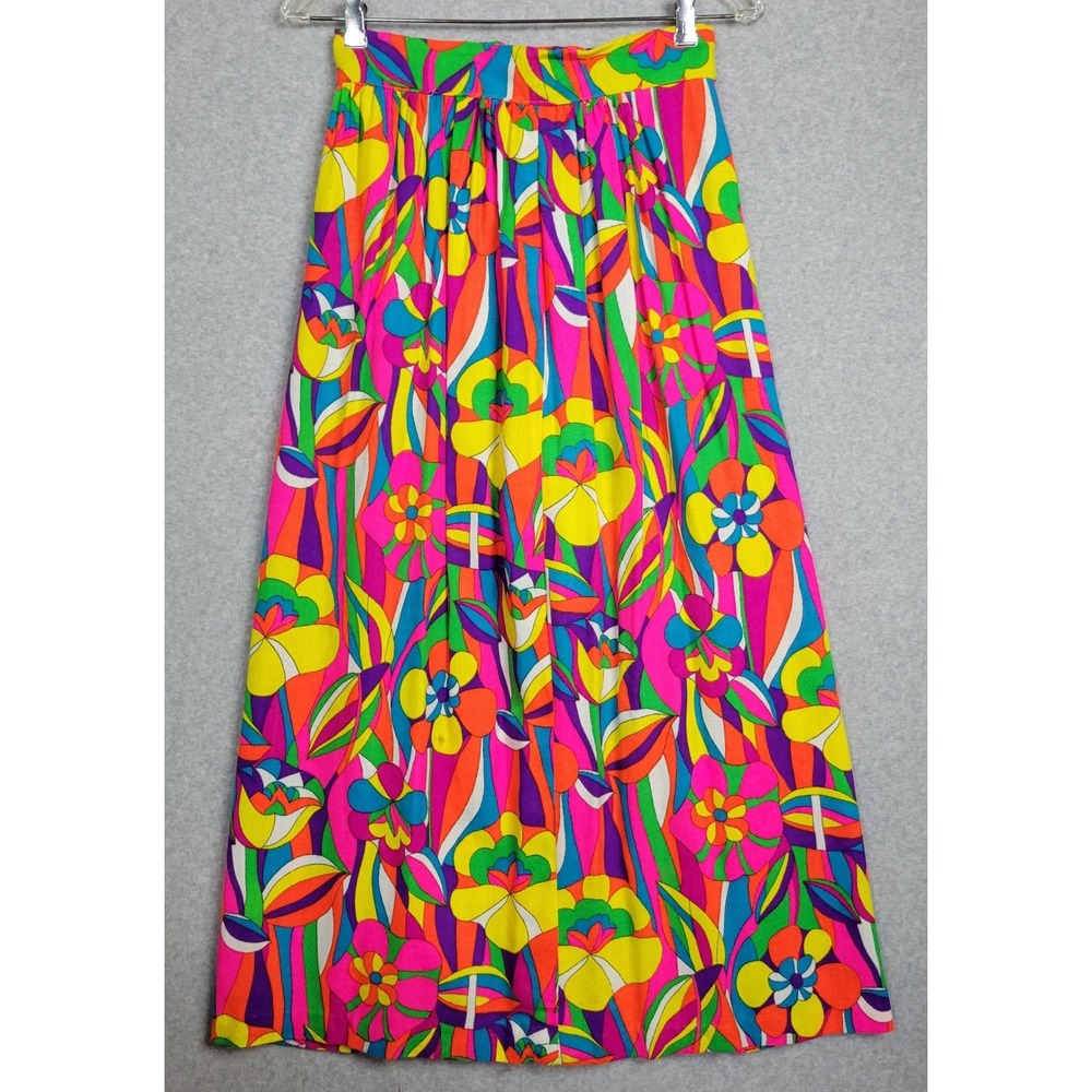 Vintage Psychedelic Floral Maxi Skirt Neon Multicolor Hippie 60s 70s Falcon Zip